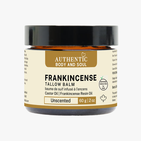 A jar of Authentic Body and Soul Frankincense Tallow Balm, unscented, with information about the product on the label.