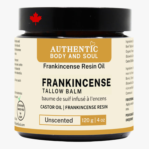 A jar of Authentic Body and Soul Frankincense Tallow Balm, unscented, with information about the product on the label.